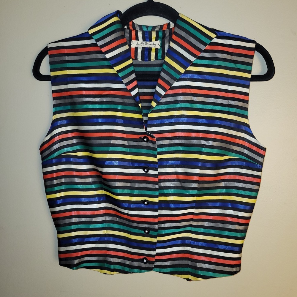 Vintage Justin McCarty Dallas Vest Womens‎ Medium Multicolor Striped Satin...